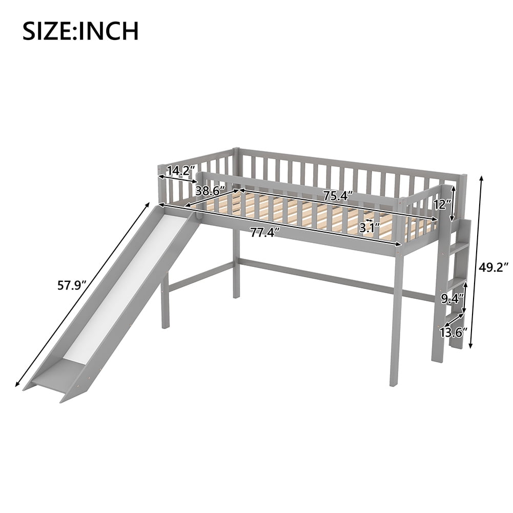 Kadyn Twin Size Low Loft Bed with Ladder and Slide, Gray