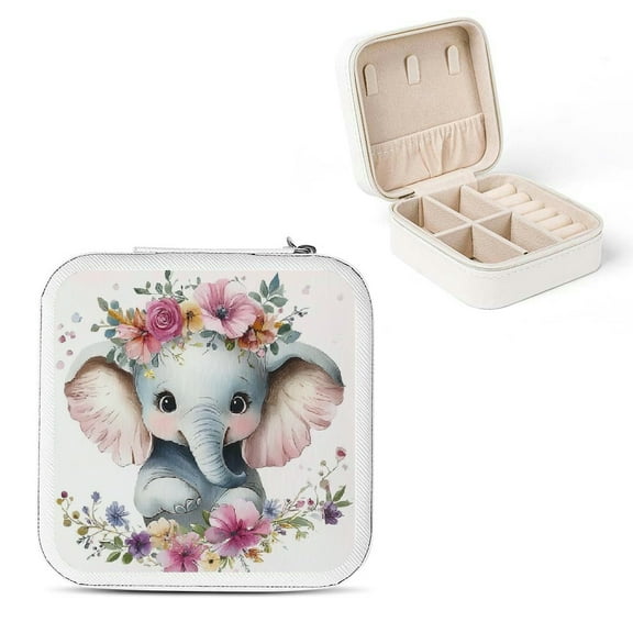 ZFLMY Baby Elephant Flowers Crown Jewelry Box for Necklace, Ring, Earring Storage White