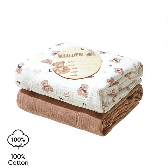 Newborn Photography Blanket Neutral Teddy Bear Print Receiving Blanket 47"x47" Soft Breathable Baby Swaddle Wraps for Infant Boys Girls with Milestone Card
