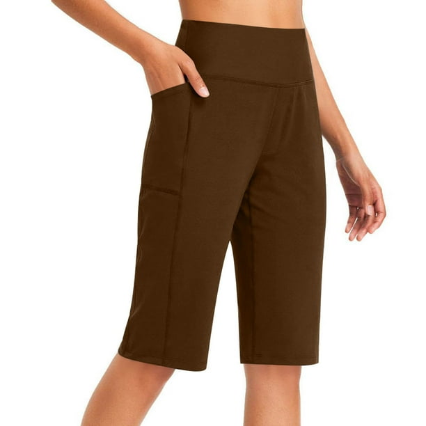 Pantalones de Yoga de Cintura Alta para las Mujeres Color Sólido Cadera Bolsillos Elásticos Medio Pantalones Cortos, Pantalones Deportivos de Fitness, Poliéster Toda la Temporada