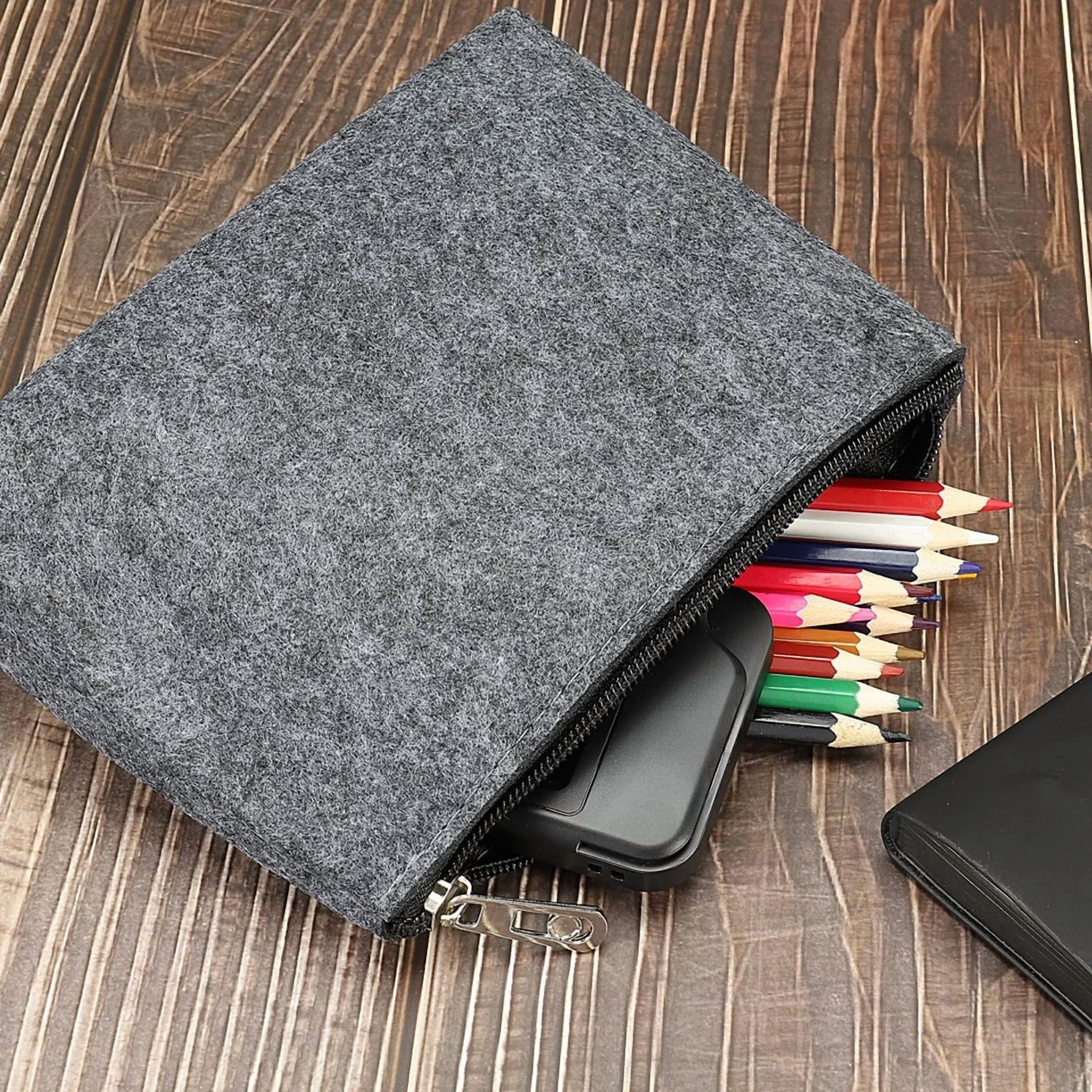 Felt Pencil Bag Pen Case Stationery Office Storage Zipper Pouch Gray