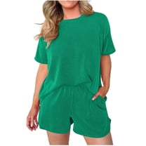Timegard Lounge Sets for Women Ribbed Short Sleeve Tee Shorts with Pockets Summer Outfits Solid Color