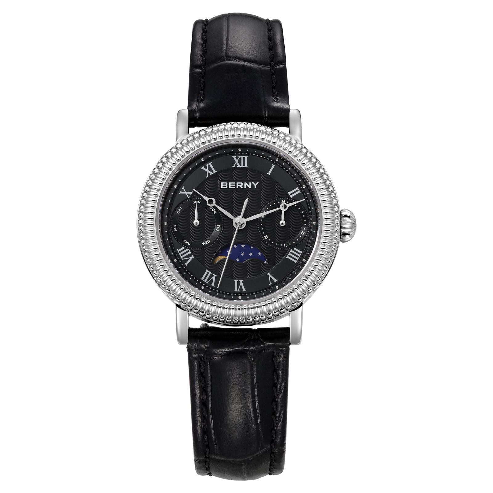 BERNY Womens Leather Watch, Vintage Roman Numerals Luxury Moon Phase Watch with Day & Date, Stainless Steel, Sapphire Crystal, Waterproof, Fashion Dress Analog Quartz Wrist Watches for Women (Silver)
