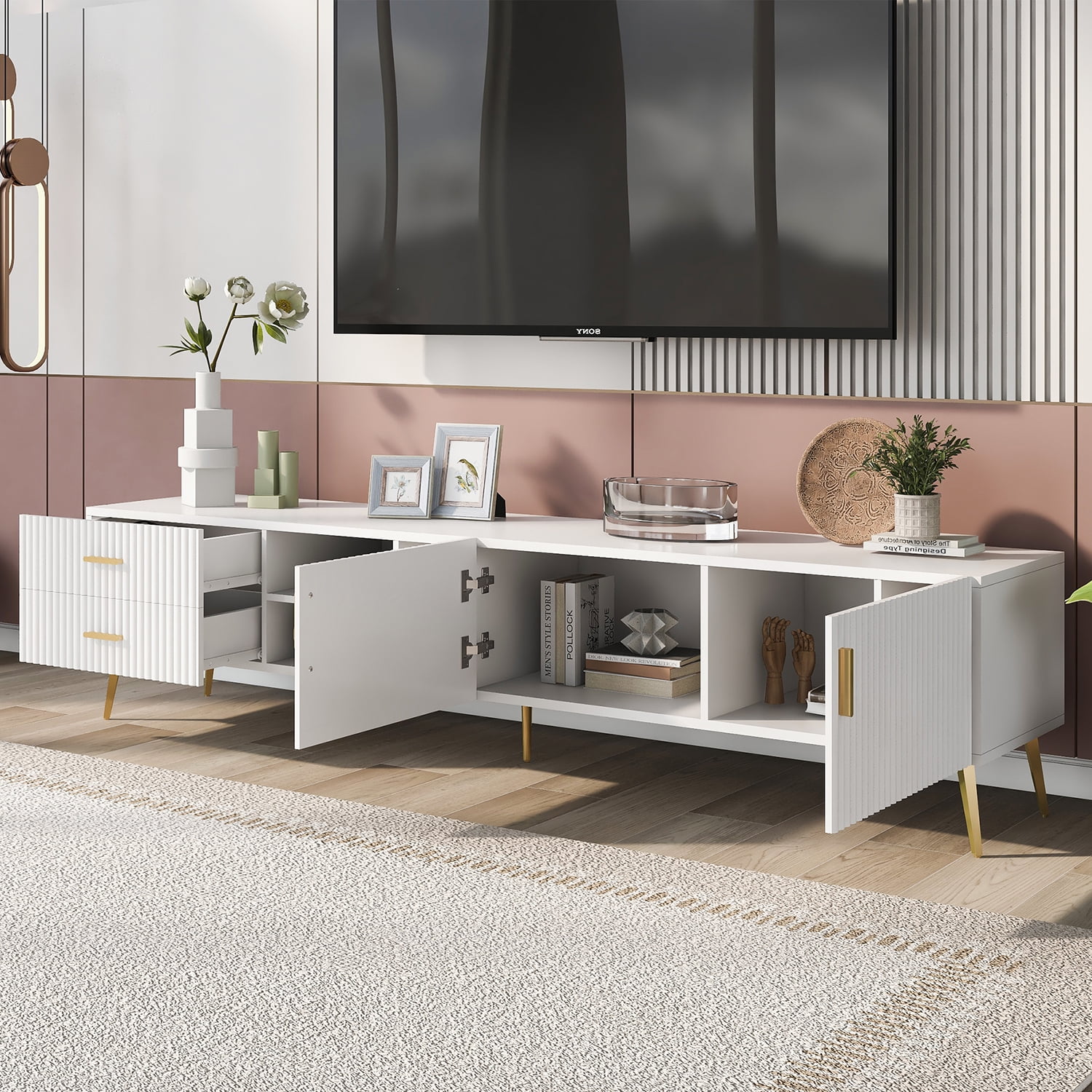 Kadyn Modern Entertainment Center, MDF TV Stand with 5 Champagne legs, Entertainment Center TV Console for TV up to 77", White