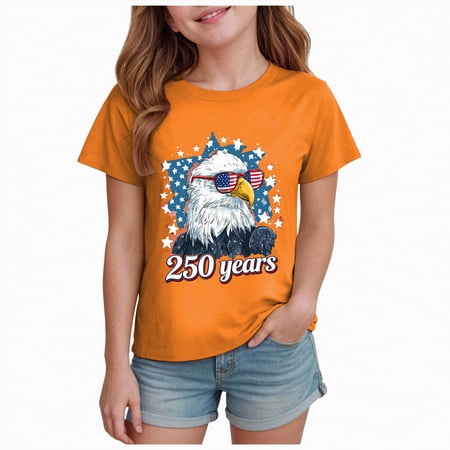 Toddler Girls 250th America Anniversary T Shirt Patriotic Flag Graphic Short Sleeve Tops Comfortable Daily Wear Tee for 1776-2026 US 250 Years Gibobby 13-14 Years Orange