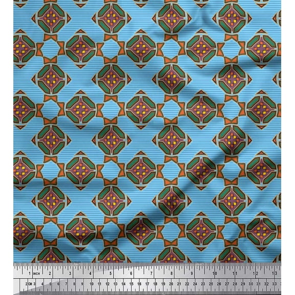 Soimoi Blue Cotton Duck Fabric Stripe & Diamond Geometric Print Fabric by the Yard 42 Inch Wide