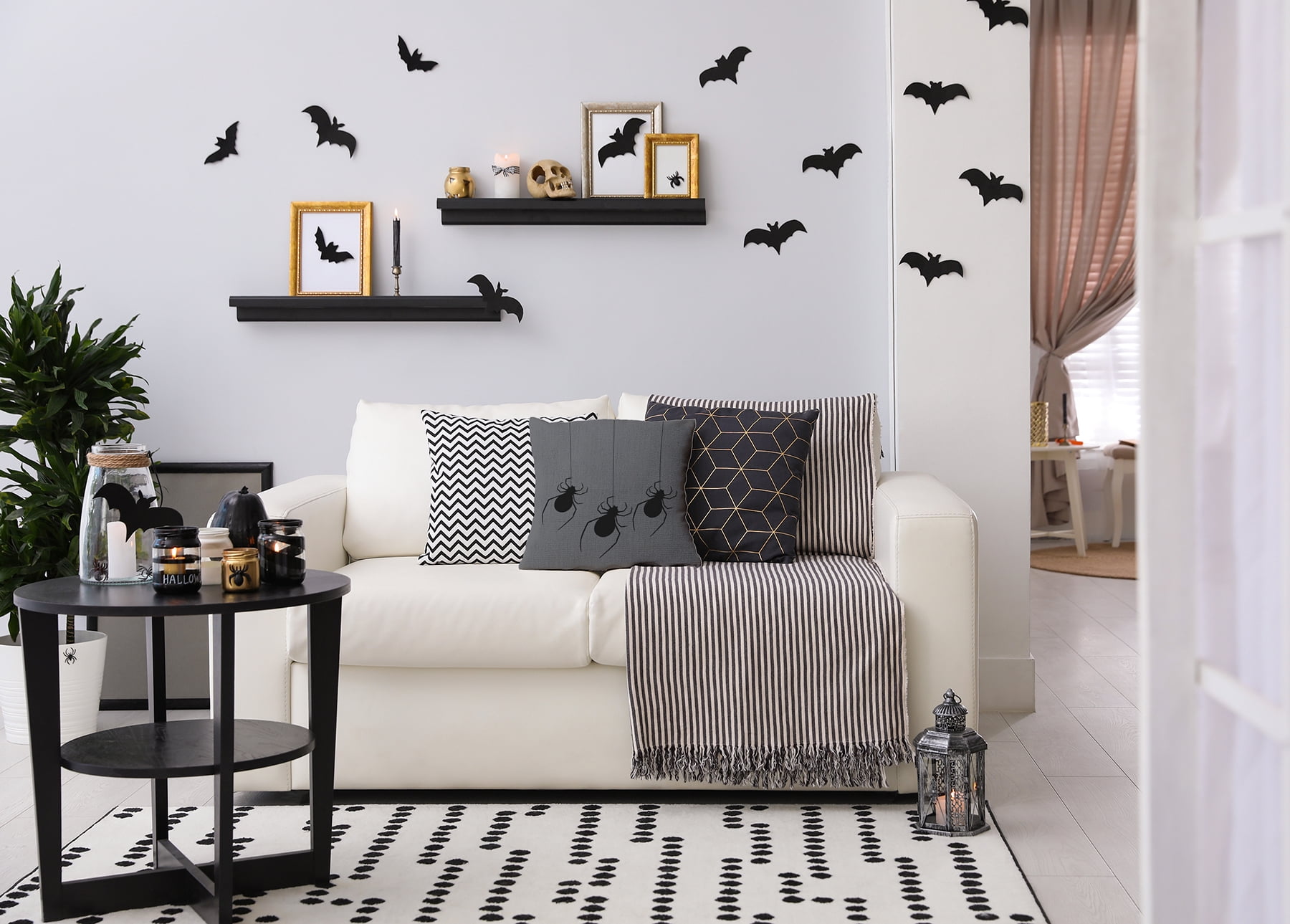 20" x 20" Simply Daisy Hanging Spiders Halloween Polyester Accent Pillow, Steel Gray Qty 1