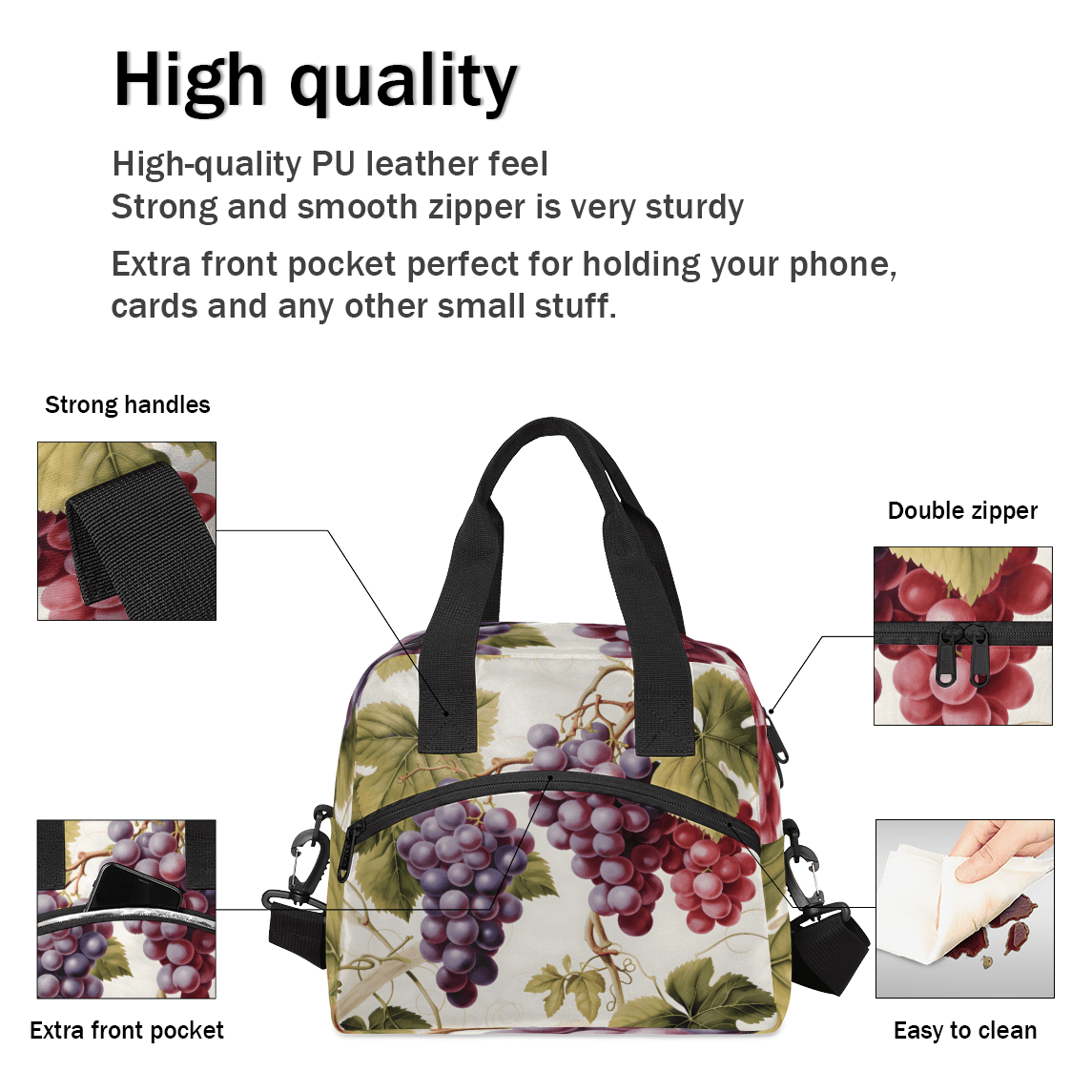 Herdesigns Purple Grapes Insulated Lunch Bag for Women Men Adults Large Reusable Lunch Box Leakproof Portable Cooler Tote Bags with Adjustable Shoulder Strap