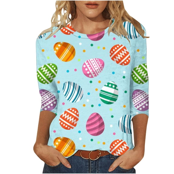 ICHUANYI Women's New Trending Egg Print T-shirt 3/4 Sleeves Blouse Crew Neck Casual Tops Summer 2024