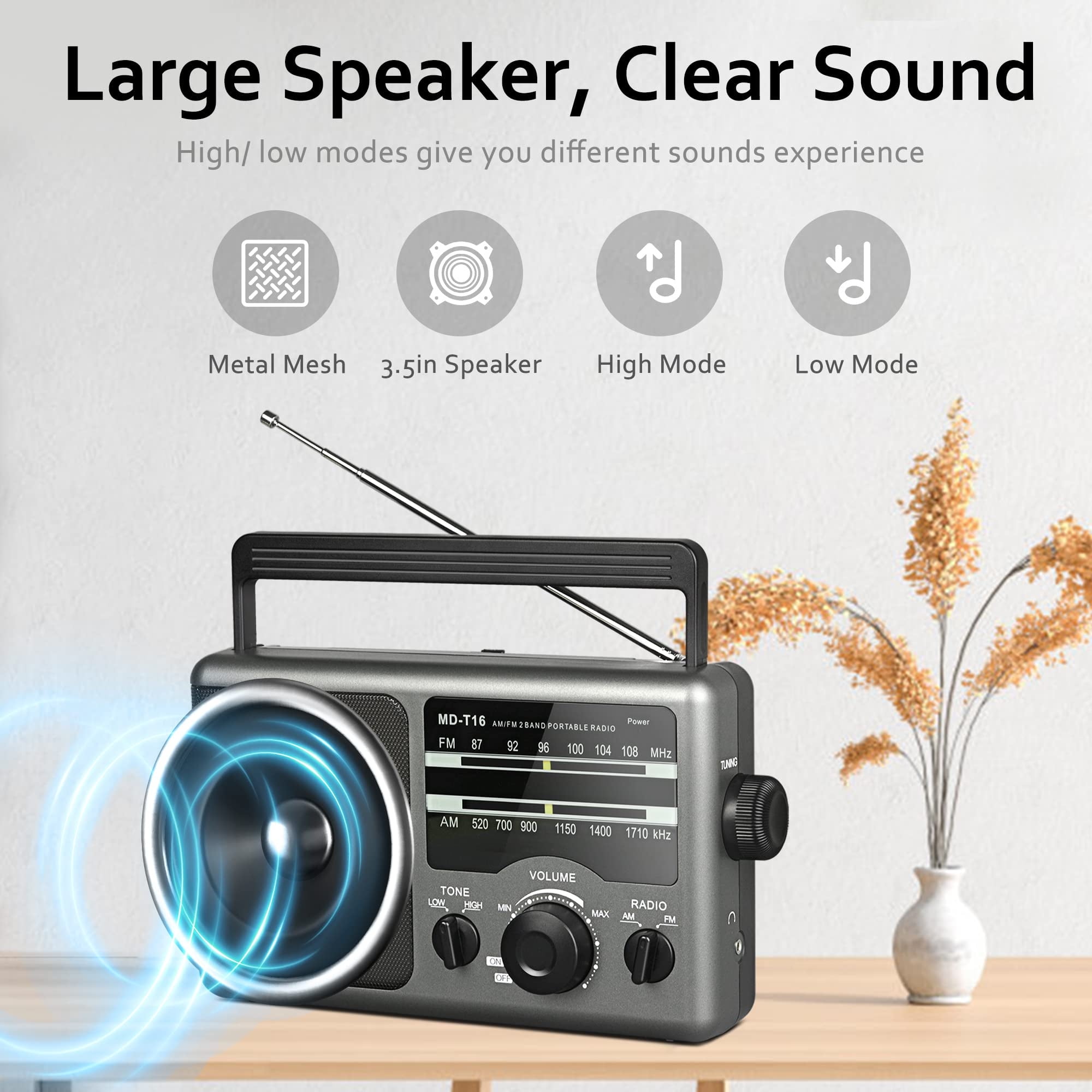 Jazmm AM FM Portable Radio, Large Knob Easy Operated, Portable Transistor Radio, AC/Battery Dual Power  for Senior, Elderly