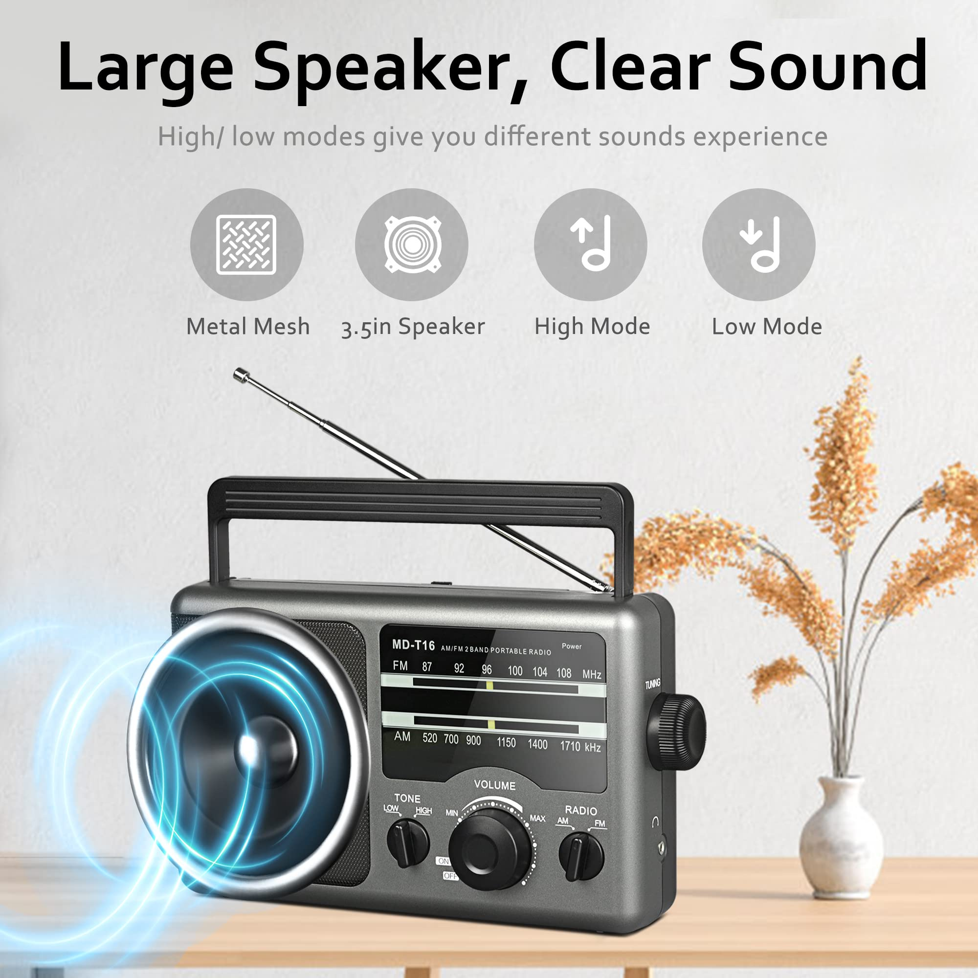 Jazmm AM/FM Portable Radio with Large Knob, Dual Power photo 3