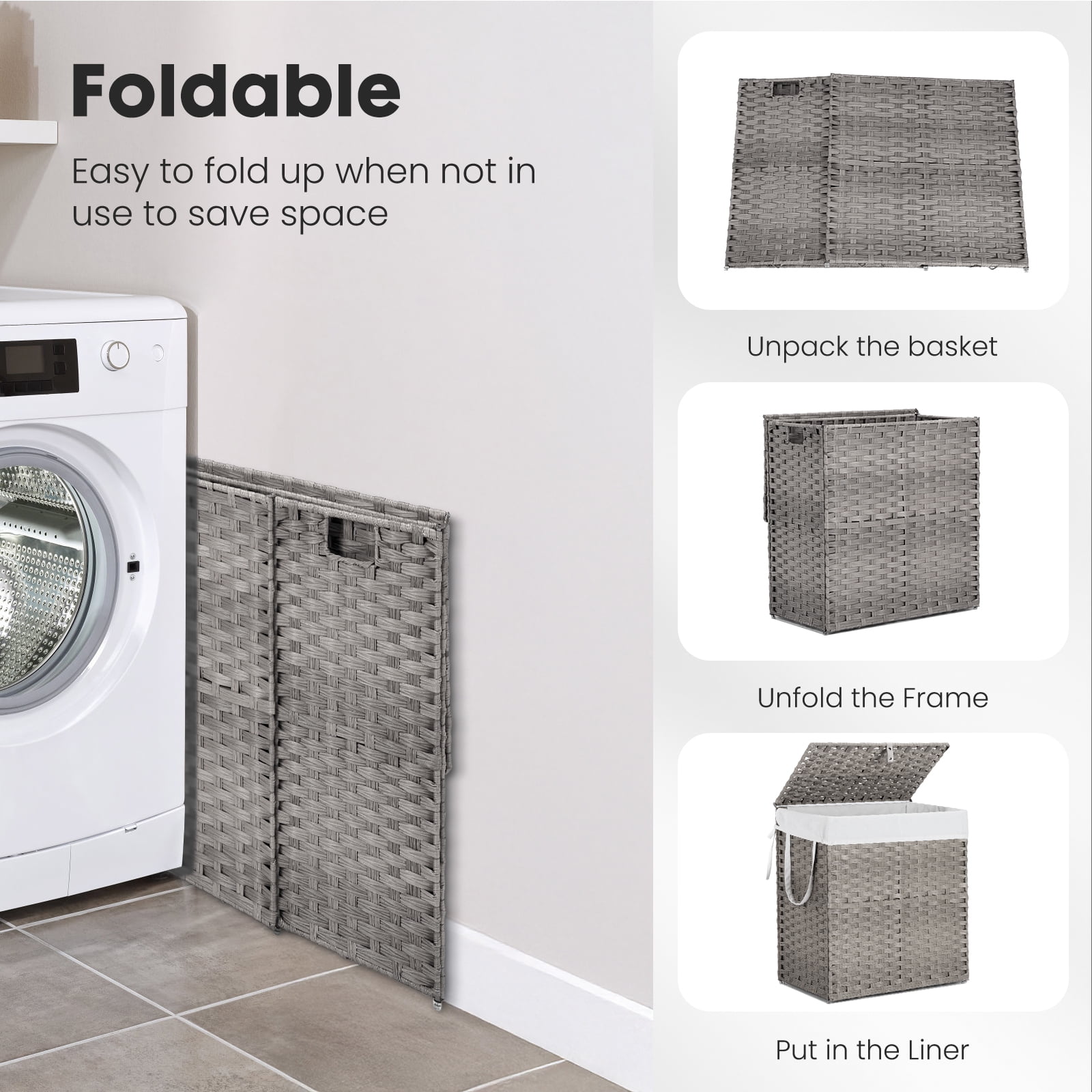 GIANNA Laundry Hamper with Lid, 110L Synthetic Rattan Clothes Laundry Basket with Lid and Handles, Foldable, Removable Liner