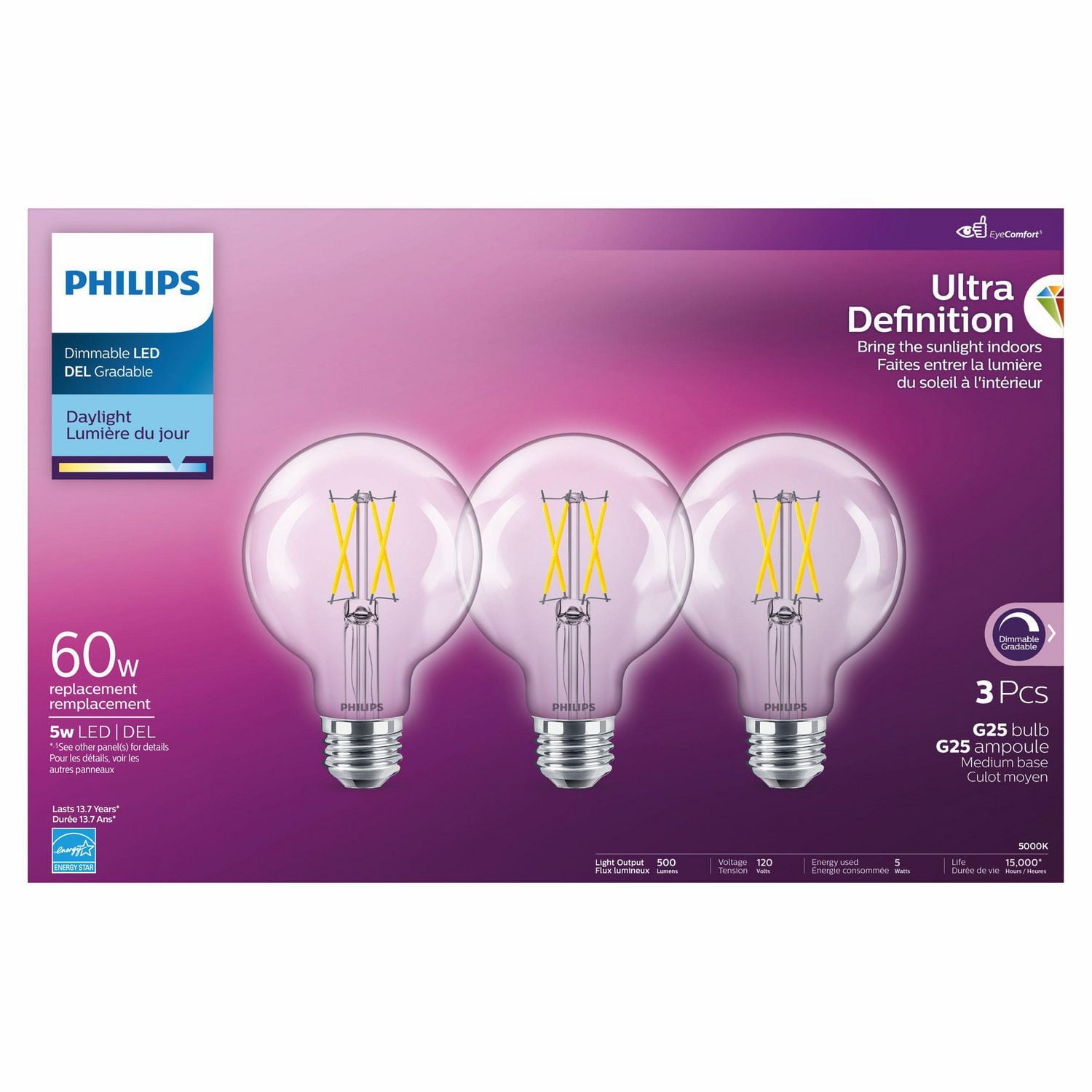 Philips UltraDefinition LED G25 E26 60W Equivalent Globe Light Bulb, Dimmable Day light (5000K) 3-Pack