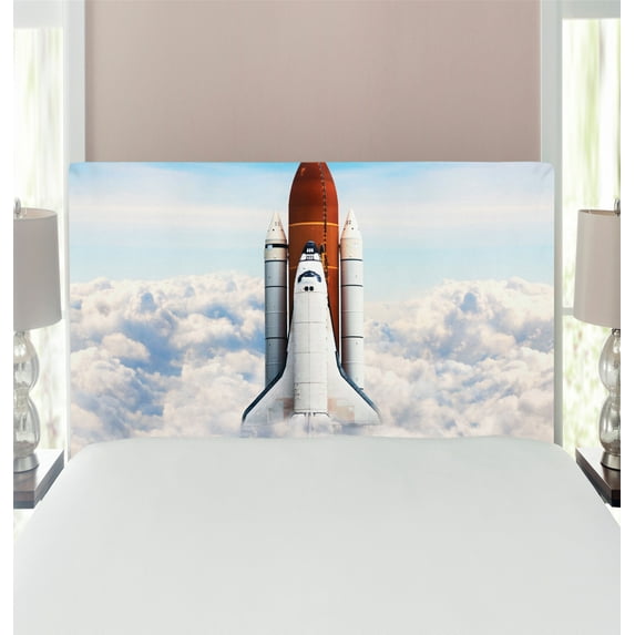 Outer Space Headboard, Rocket Taking Off on Mission Spaceman Planet Gazing Endeavour Power Print, Upholstered Decorative Metal Bed Headboard with Memory Foam, Twin Size, White Blue Brown, by Ambesonne
