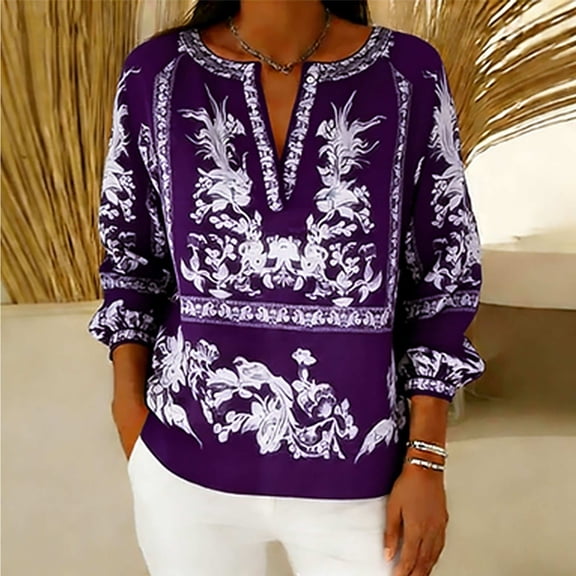 Mifsaly Cotton Linen Shirts Women V-Neck Long Sleeve Boho Tops Vintage Floral Print Vacation Blouses Beach Summer Lightweight Tshirt 2026 Trendy Clothing L