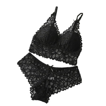 

Baywell Women Lace Bralette Panties Set Gathered Sexy Underwear Skin-friendly Seamless Bra + Panties Set (Black)