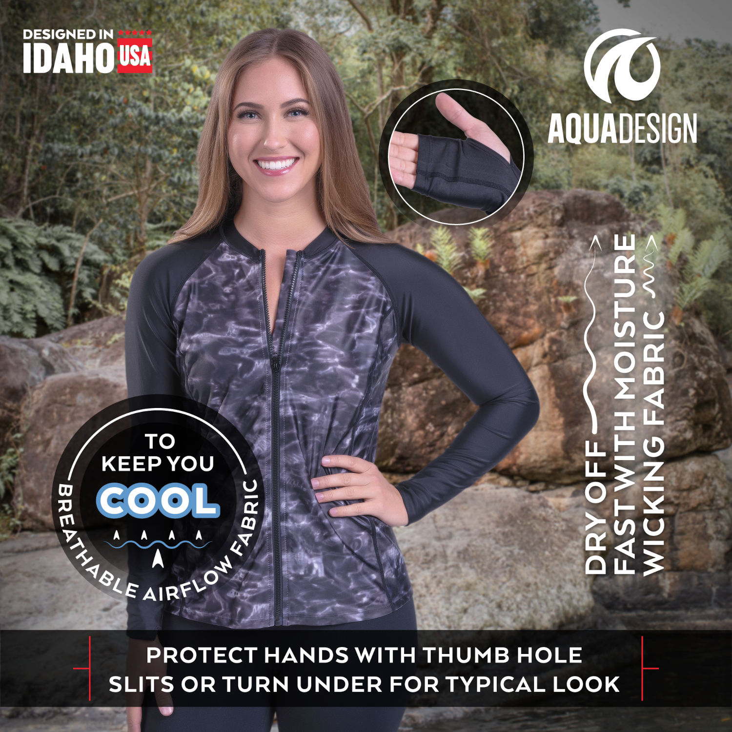 Aqua Design Womens Full Zip Long Sleeve Rash Guard: Front Zipper Swim Shirt: Black Water/Black Size 5X-Large - image 4 of 7