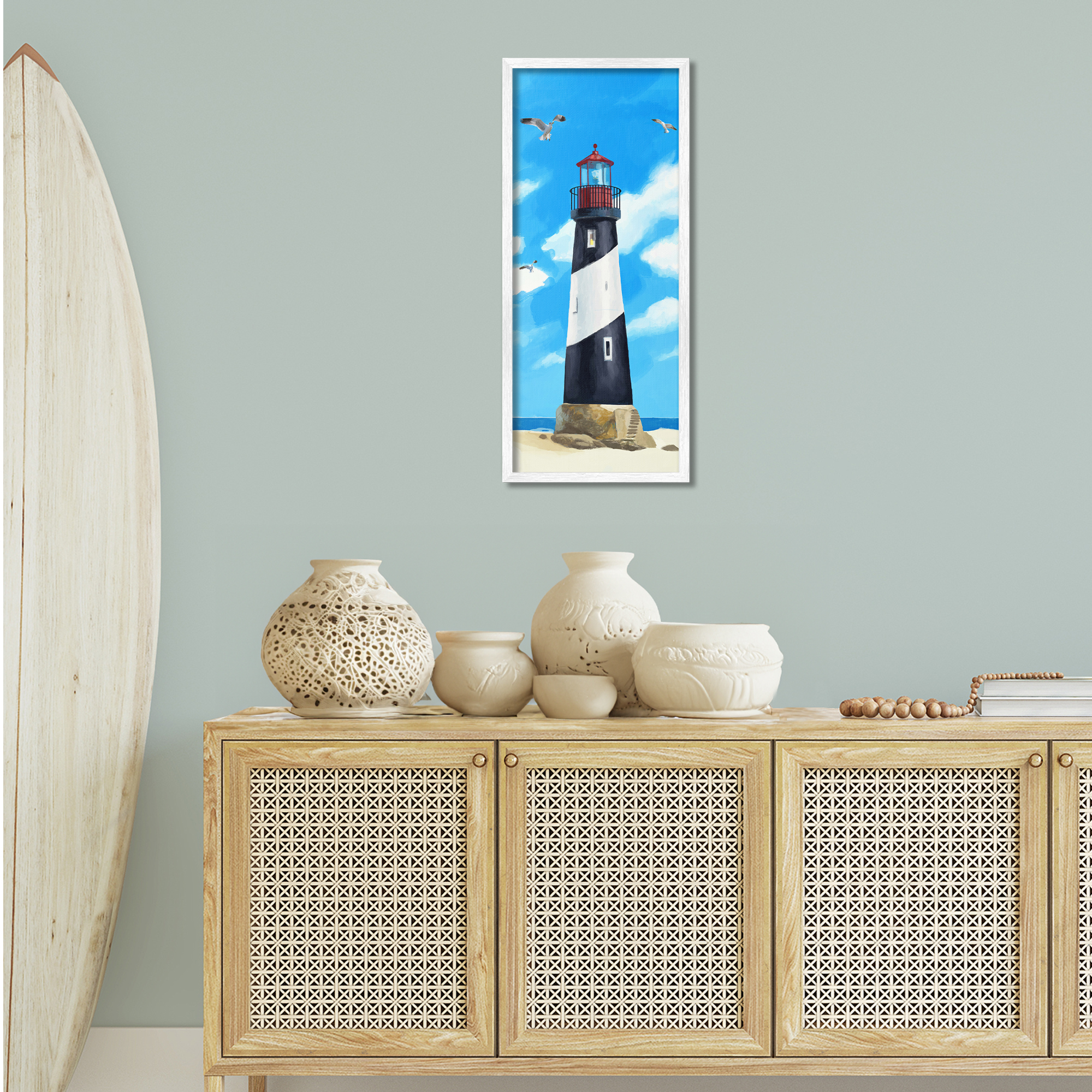 Stupell Industries Lighthouse on Beach Coastal Painting White Framed Art Print Wall Art, 13 x 30