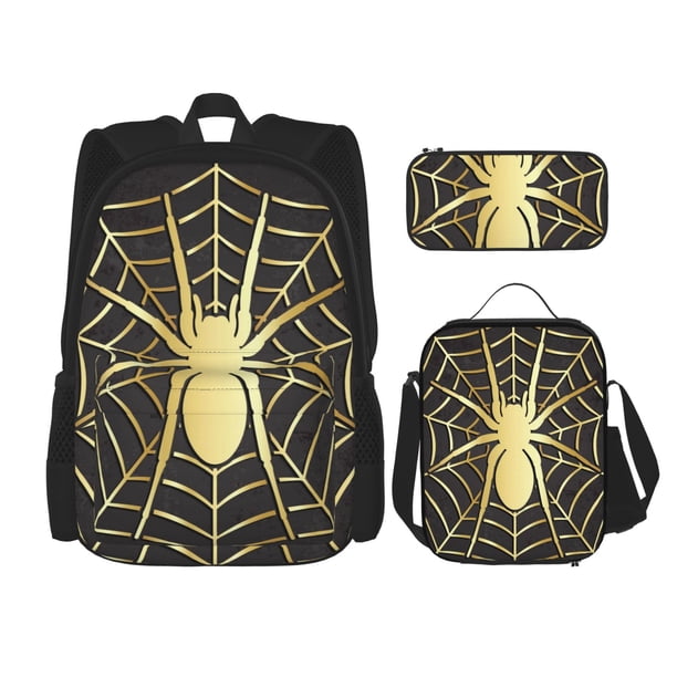 Disketp Gold Spider On The Web Mochila Estampada de Gran Capacidad con Lonchera y Estuche, Set de 3 Piezas para Estudiantes