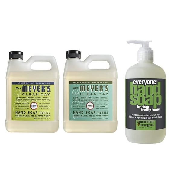 Mrs. Meyers Clean Day Liquid Hand Soap Refill, 1 Pack Lemon Verbena, 1 Pack Basil, 33 OZ each include 1 12.75 OZ Bottle of Hand Soap Spearmint   Lemongrass