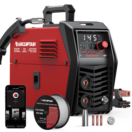 ARCCAPTAIN Welder, Smart APP Control 145A 110V 3-in-1 Gasless Flux Core/Stick/TIG Welding Machine, Synergic LED Display