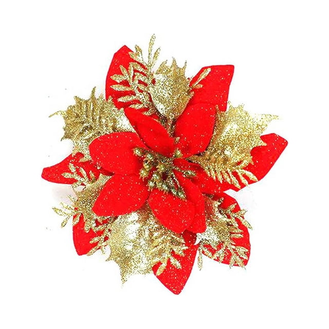 15 piezas de decoraciones navideñas de Poinsettia, flores brillantes, flores para árbol de Navidad, adornos para árbol de Navidad