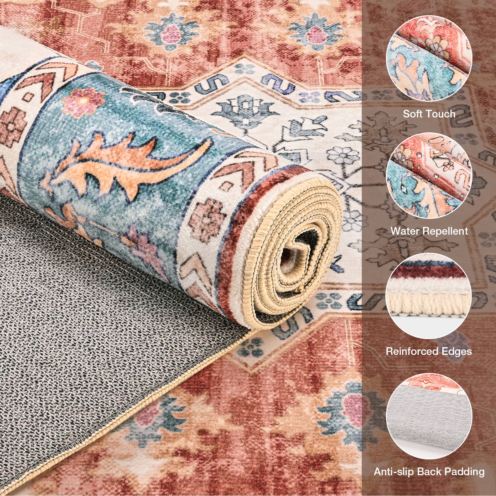 Washable Area Rug for Living Room, NovDeco 9'x12' Non-Slip Vintage Print Persian Indoor Rug, Stain Resistant Carpet for Bedroom, Kitchen, Brick Red