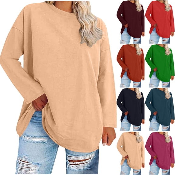 XUNKUSGA Plus Size Womens Blouses Oversized Long Sleeve Crew Neck Women's T-Shirts Loose Casual Soild Color Base Layer Women Soft Comfortable Stretch Going Out Tops XL-5XL Blue