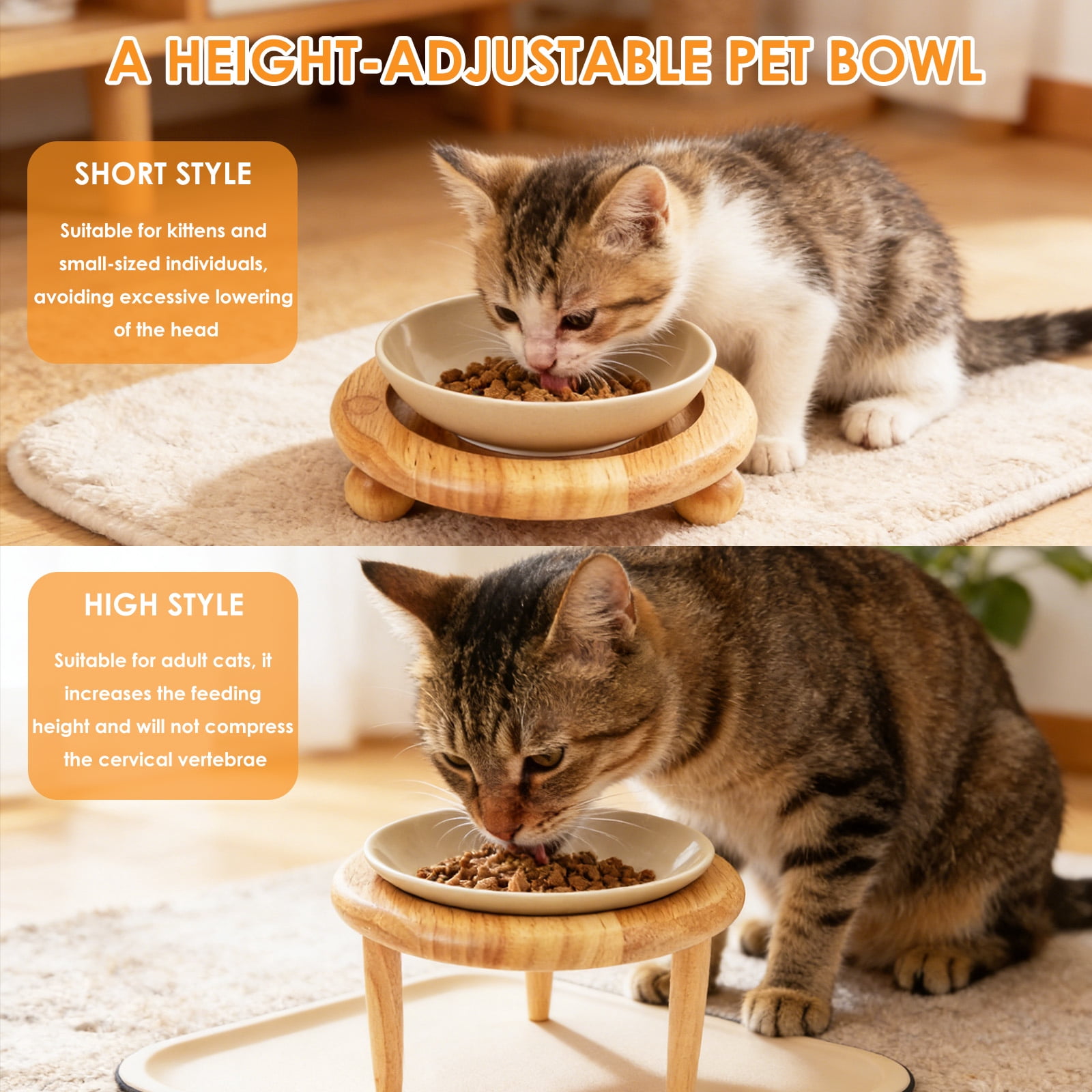 Raised Ceramic Wide Whisker Friendly Cat Dish Food and Water Bowl with 2 Style Stand Adjustable Pet Bowl Set for Food and Water