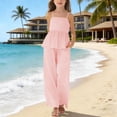 thumbnail image 2 of FINALGANG Toddler Kids Girls Solid Color Two Piece Outfit Spaghetti Strap Peplum Top Wide Leg Pants Casual Summer Set For Daily Wear Casual Outfit, 2 of 4