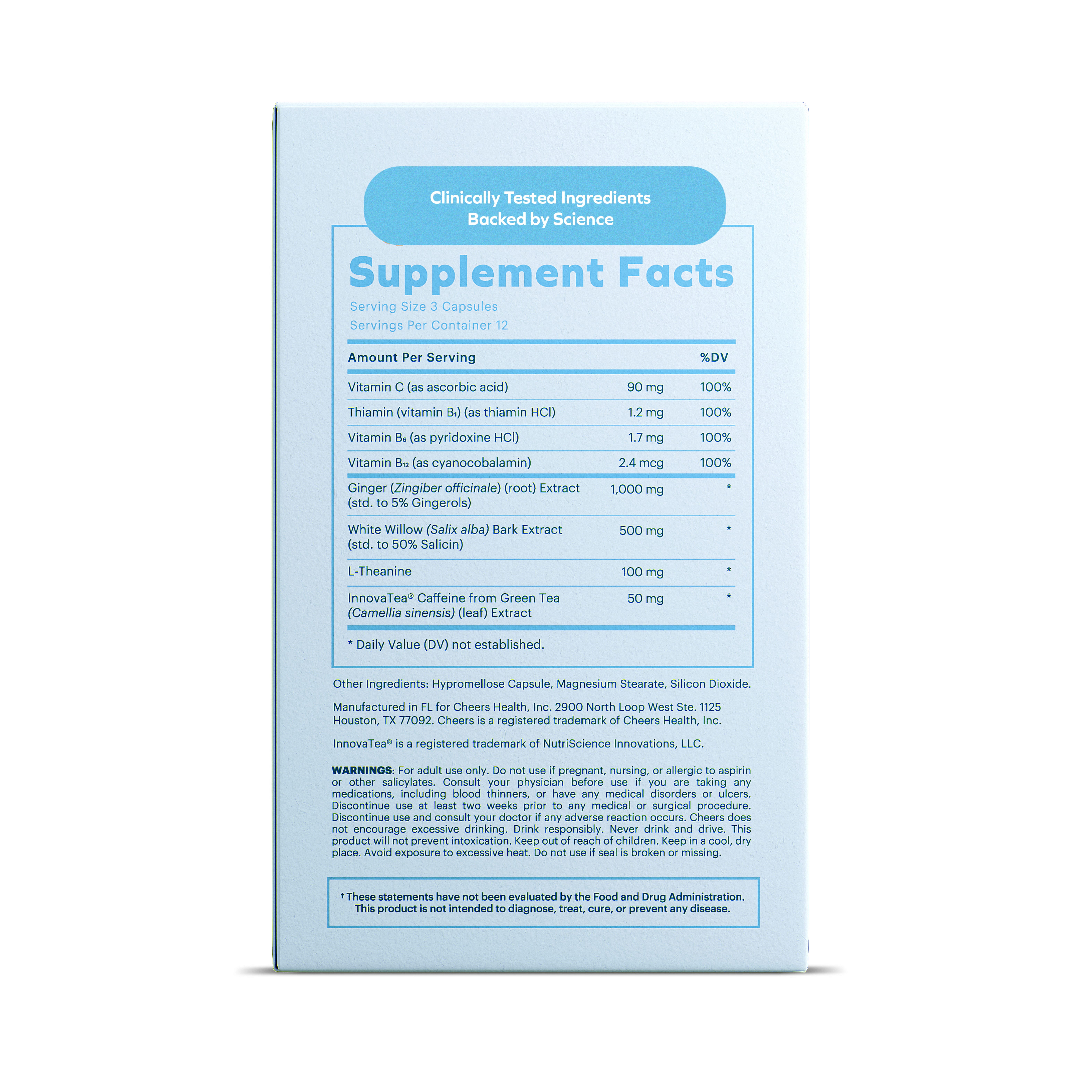 Cheers Relief: Feel Better the Day after Drinking, 1000mg Ginger & 500mg White Willow Bark, 12 Doses