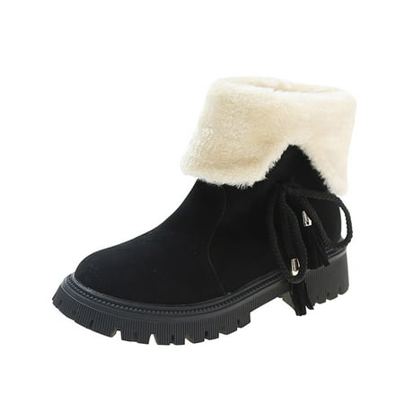 

SEMIMAY Ladies Solid Color Suede Tassel Medium Boots Thick Heel Plush Fashion Cotton Boots Black
