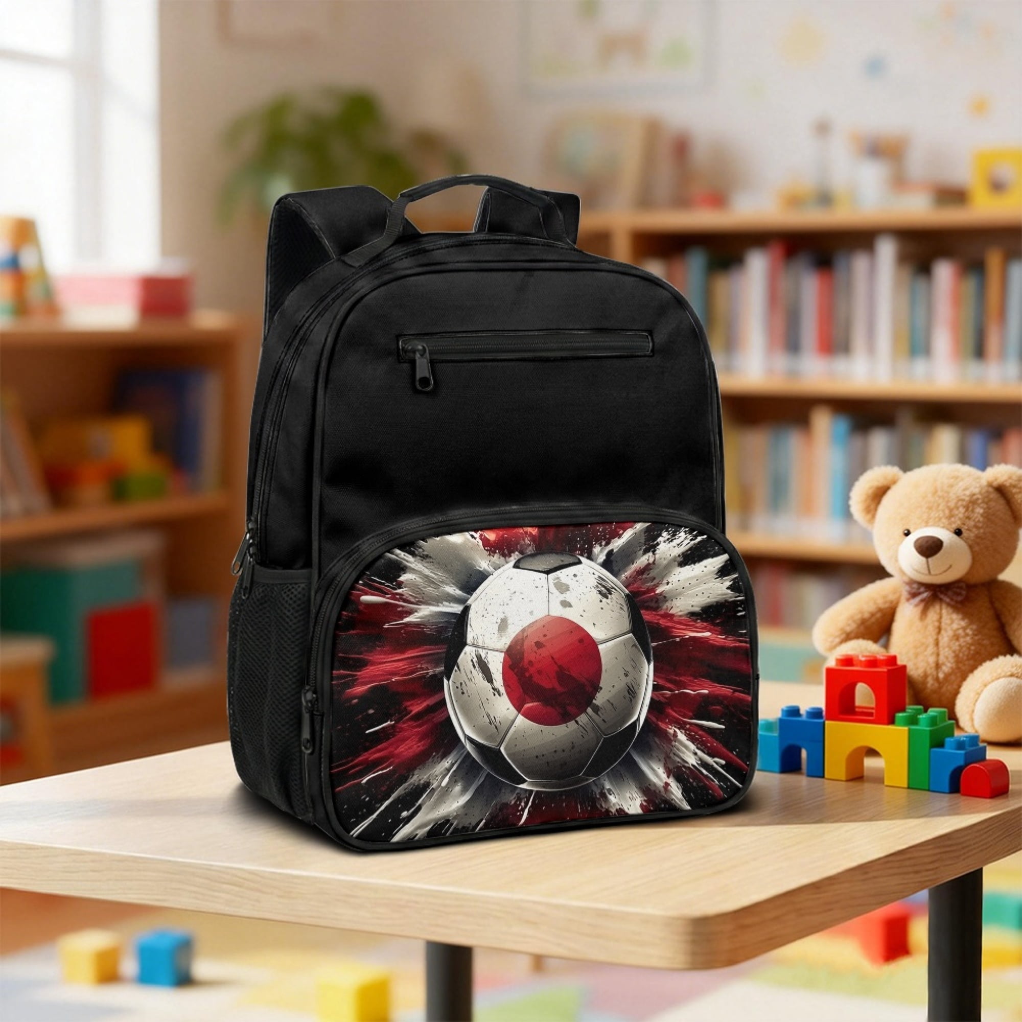 Chririnla Side Mesh Pockets Preschool Backpack for Kindergarten Travel, Japan Flag Soccer Ball Lightweight Preschool Kids Polyester School Backpack 13.5 Inch