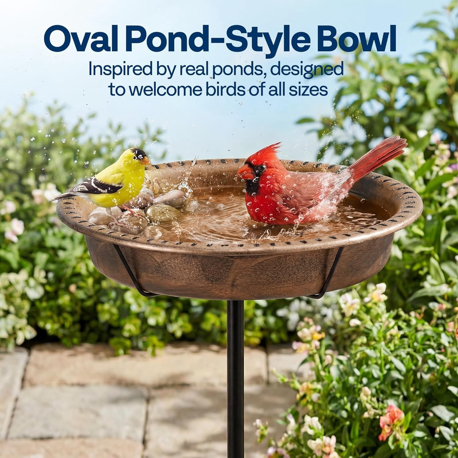 SPECSTAR Oval Bird Bath for Outside, Outdoor Birdbath Bowl with Metal Ground Stake, Weather-Resistant ABS Bird Bath and Feeder for Garden, 1.3 Gallons, Bronze