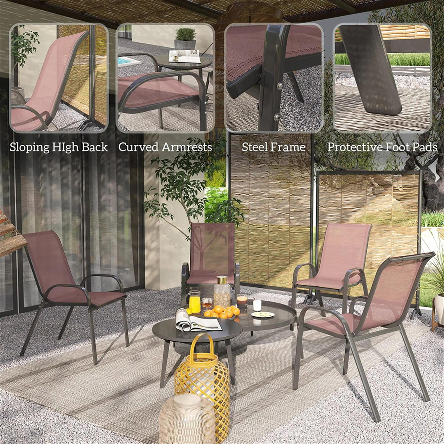 Demi Bonn Outdoor Dining Chairs Set of 4, Stackable Patio Chair with High Back, Breathable Mesh Seat for Garden, Backyard, Deck, Porch, Lawn, Brown