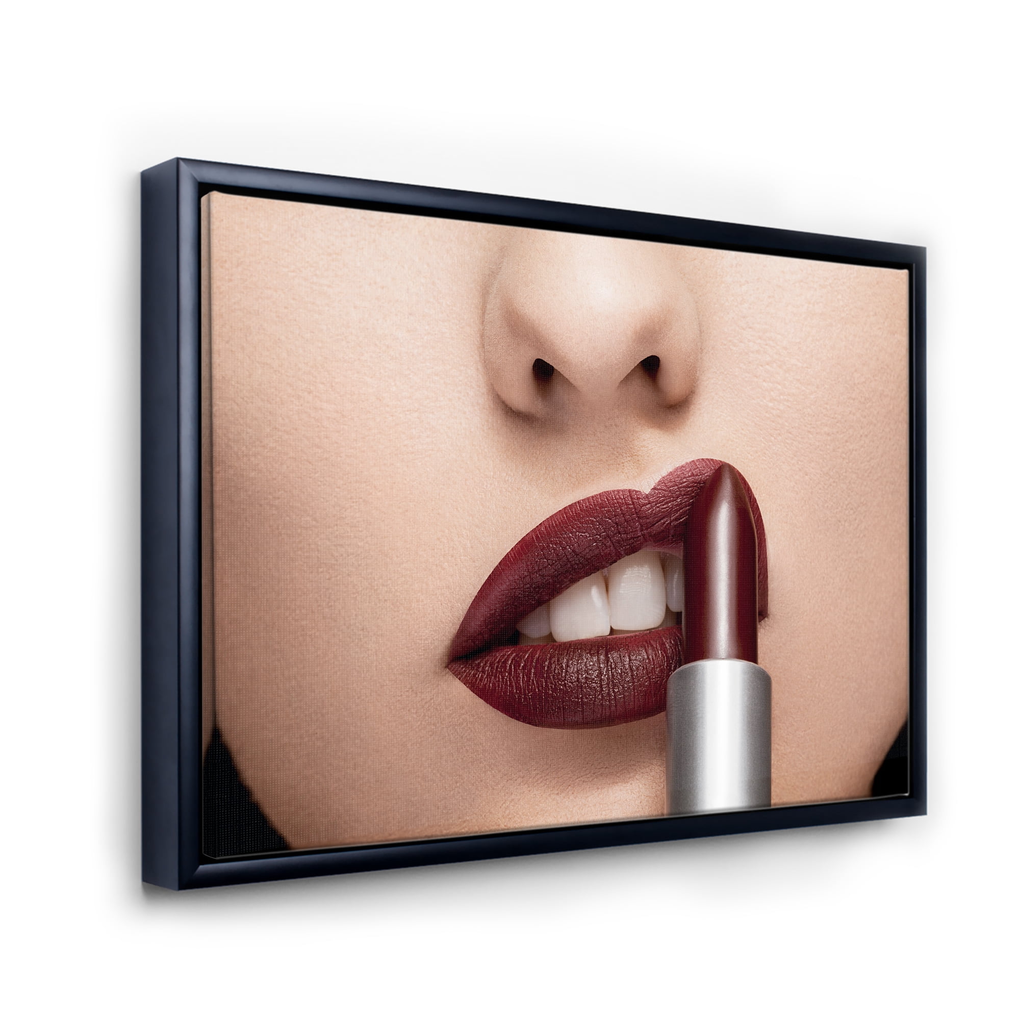 Designart 'Woman Applying Red Lipstick On Lips II' Modern Framed Canvas Wall Art Print