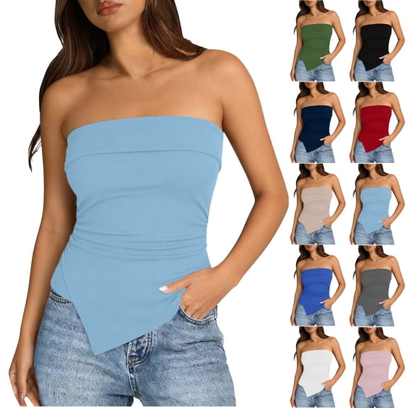 Rvasteizo Women Solid Tube Top with Ribbed Fabric and Irregular Hem for Summer Daily Casual Matching