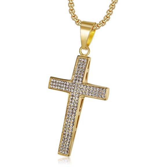 NEGS 18K Gold Plated Crucifix Cross Christ Pendant 24'' Chain Jesus Prayer Stainless Steel Necklace for Men Women