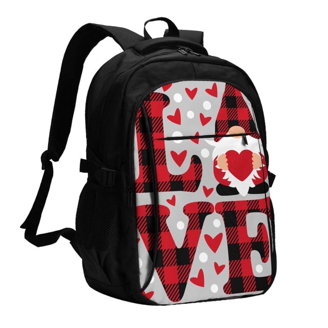 Balery Buffalo Plaid Love And Gnome Mochila con carga USB para hombre y mujer - Mochila impermeable y antirrobo para portátil con puerto USB para viajes, trabajo, estudios y universidad