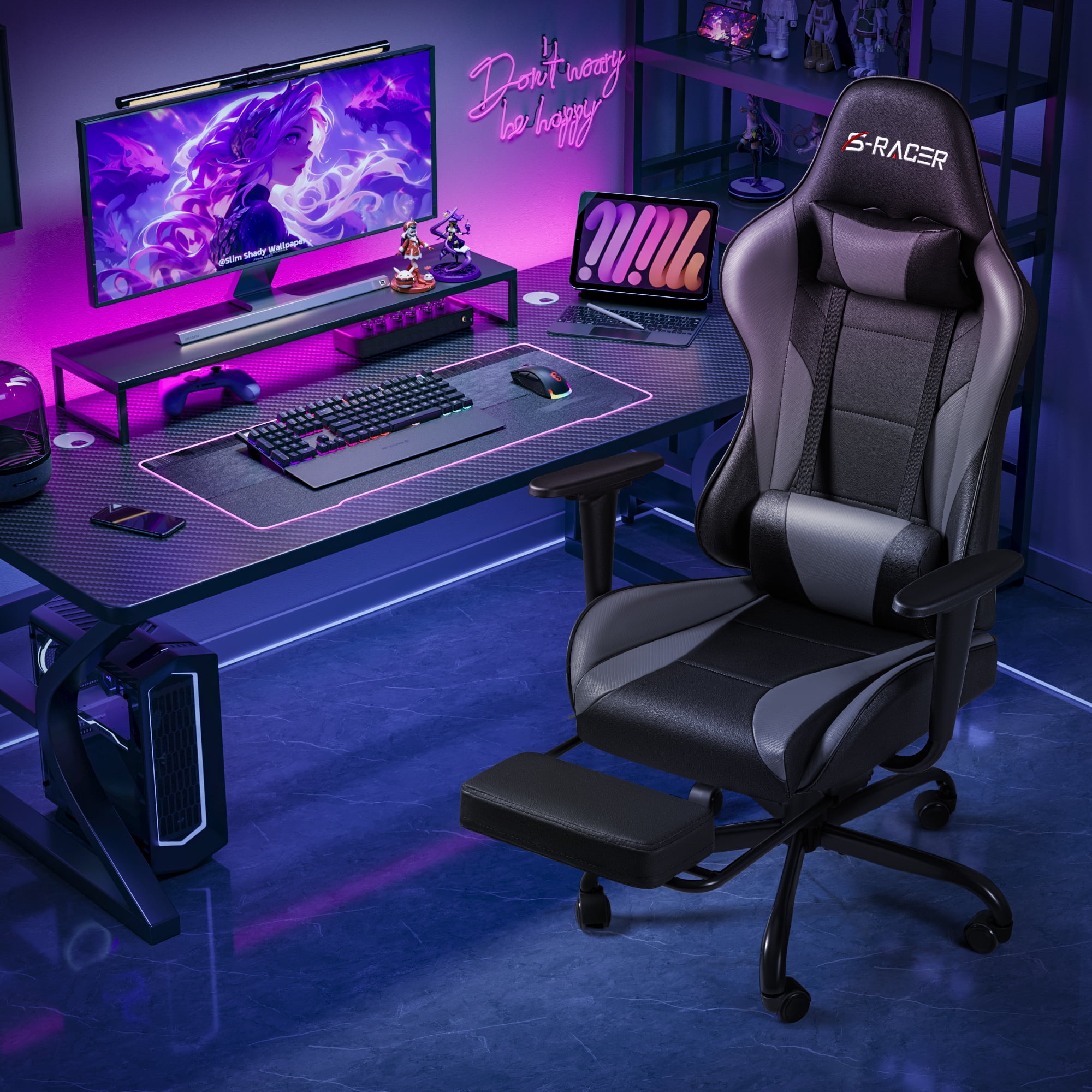 Homall Gaming Chair Massage Office Chair High Back PU Leather Chair with Footrest, Gray