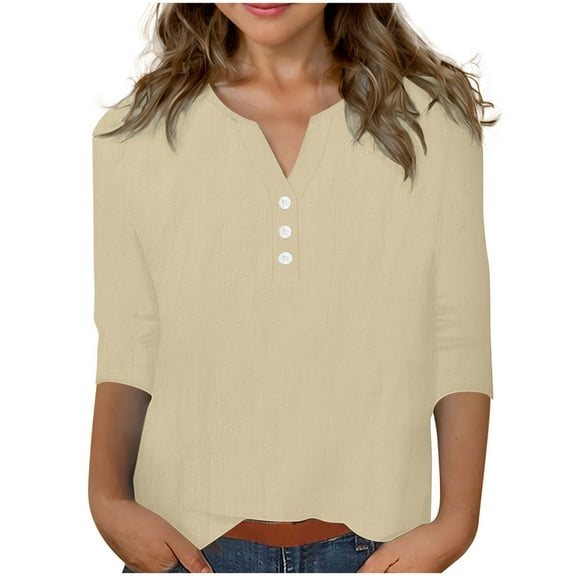 ZACPNCV Summer Cotton Linen Shirts for Girls Casual 3/4 Sleeve Tunic Shirts Spring Vacation Clothes Beige 12-13 Years