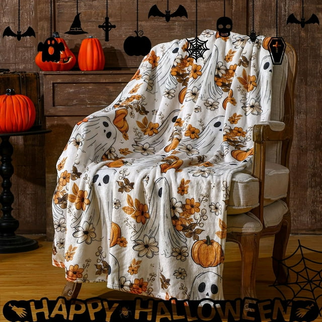 Manta de Franela de Halloween con Fantasma Bohemio | Calabaza Otoñal | Decoración para Sofá o Cama | Poliéster | Multicolor | 75 X 100 Cm | 600 G | 1 Manta Polar de Doble Cara