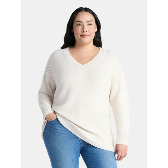Terra & Sky Women's Plus V Neck Tunic Sweater, Lightweight, Sizes 0X-5X