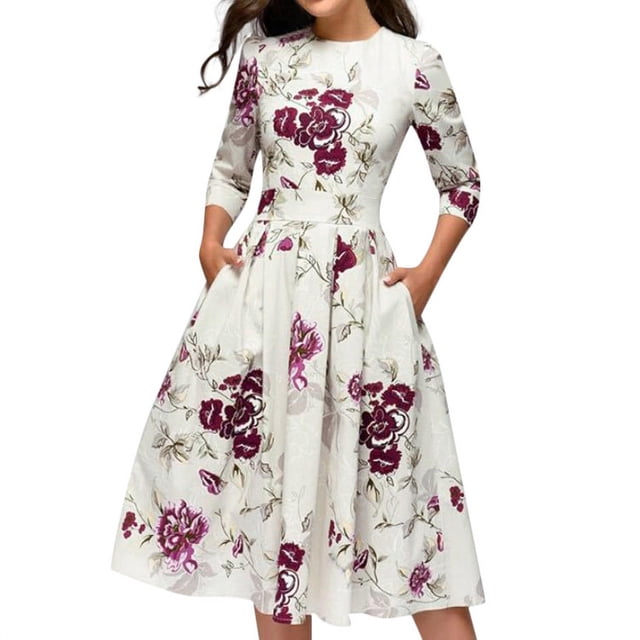 WTXUE Plus Robes Taille, Ligne A Manches 3/4 Mi-Longue Col Ras du Cou, Robe Trapèze Rétro Élégante de Fête Vestidos Robe Imprimée Rétro Florale pour Femme Grande Taille, Blanc Taille P(US:4)