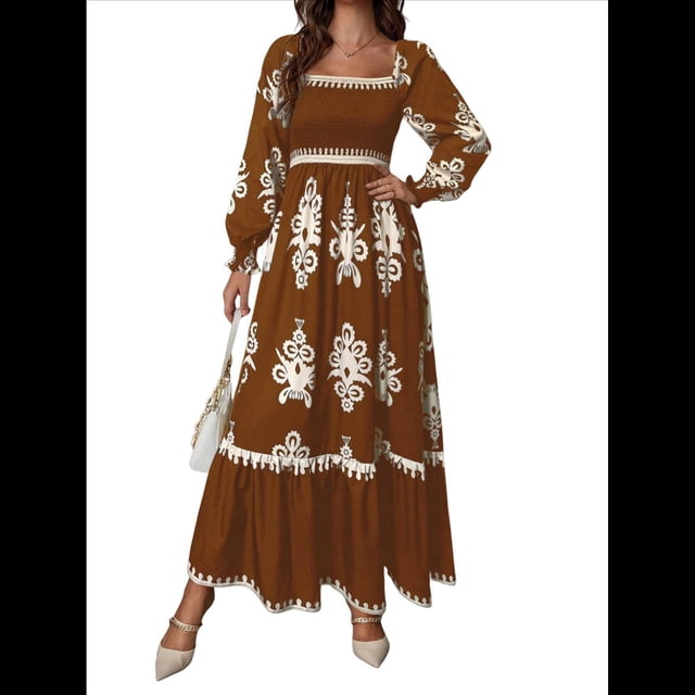 Vestido de Otoño para Invitada de Boda, Estilo Bohemio, Floral, de Larga, con Escote en V, Fluido, Elegante, para Playa Marrón S