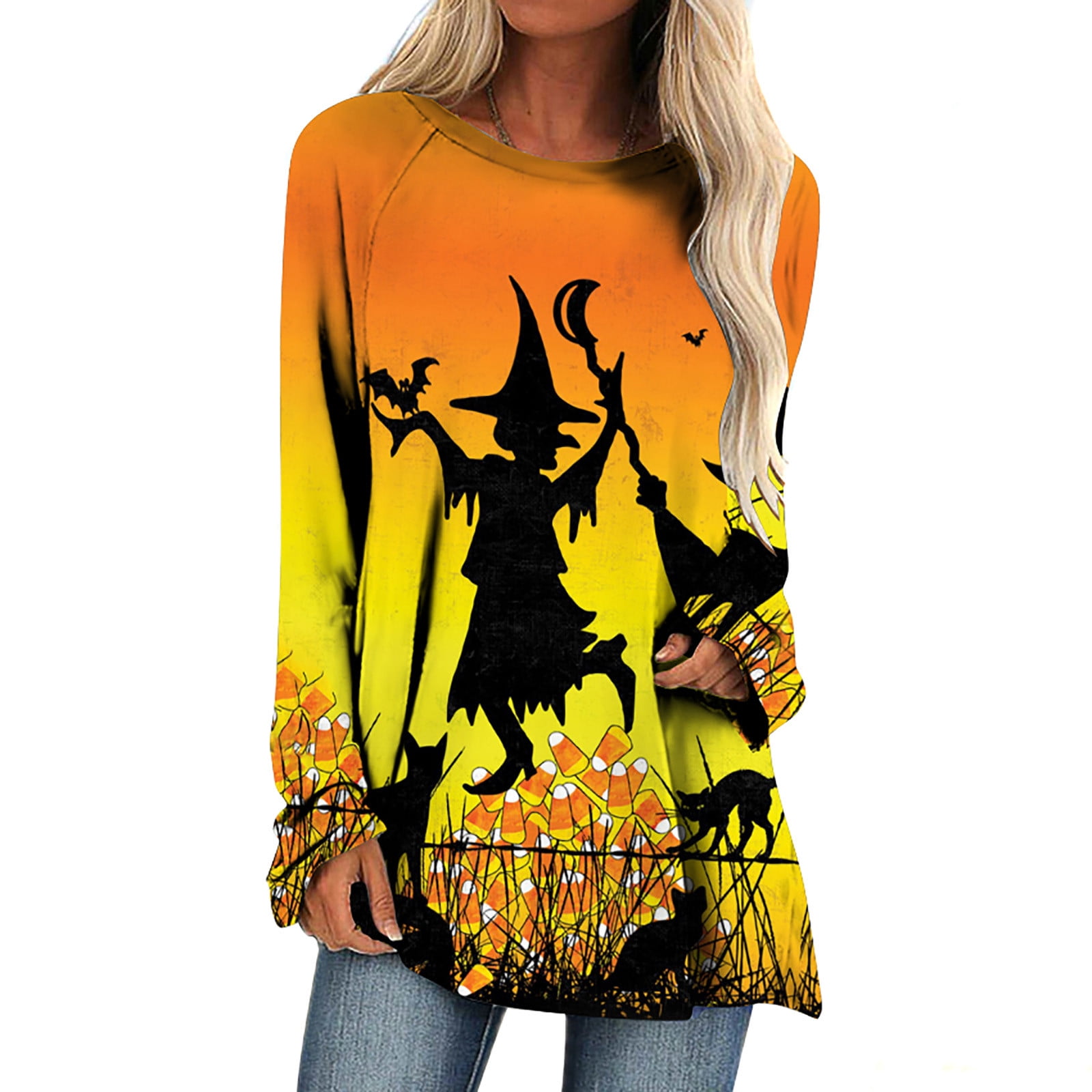 YFPWM Women Halloween Tops Fall Print Shirt Black Cat Shirt Halloween Witch Tshirt Halloween