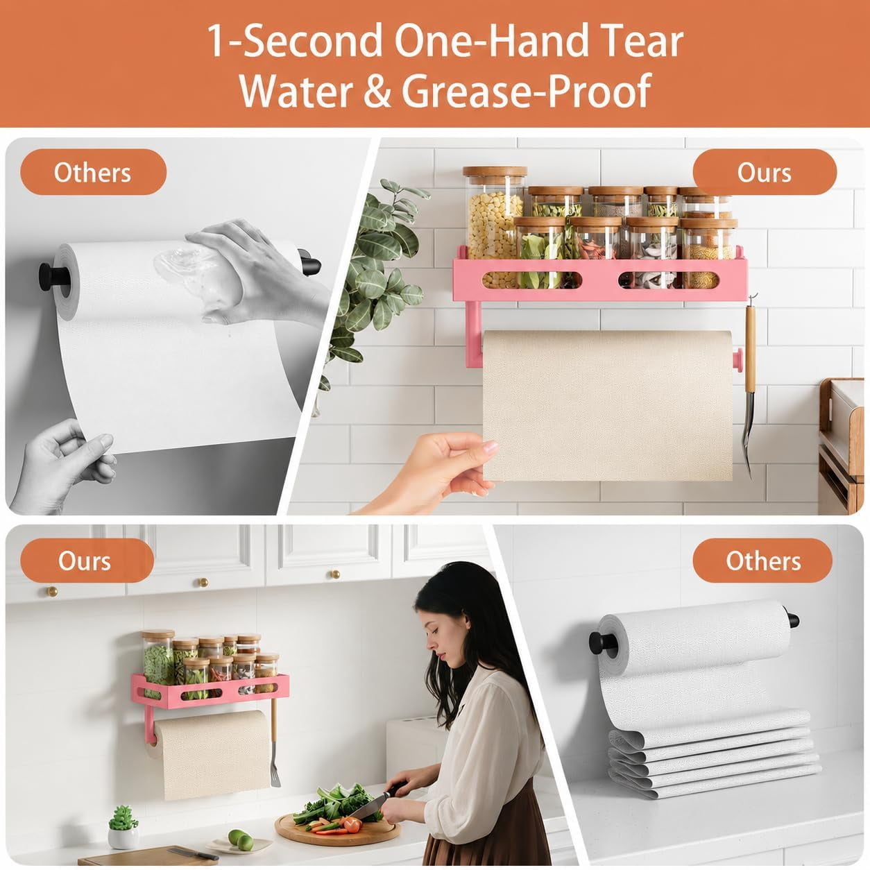 Paper Towel Holder Wall Mount for Kitchen, One-Handed Tear, Bathroom Paper Towel Holder with Shelf, RV Paper Towel Rack Wall Mount Paper Roll Holder with 4 Hooks, Matte Black