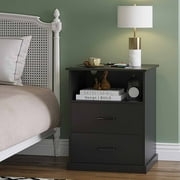 Black Nightstand with Charging Station & 2 Drawers, Modern End Side Table Storage Cabinet for Bedroom Living Room, Bedside Table
