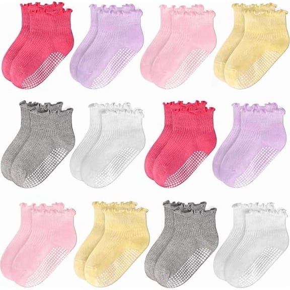 GENTABY Toddler Girls Ruffle Socks, Non-Slip Gripper Design for 1-7 Years, 12 Pairs