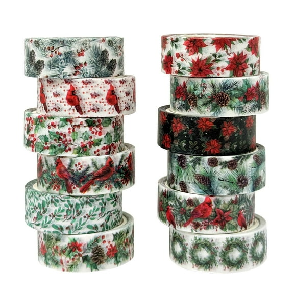 Wrapables Christmas Holiday Washi Tape for Scrapbooking, Stationery, Diary, Card Making 12pcs, Festive Foliage
